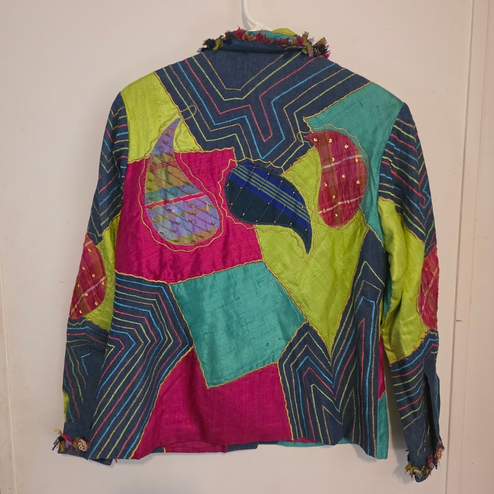 Anage Womens Patchwork Jacket Small Boho Embroidered Colorful Art Silk Festival - Picture 3 of 8